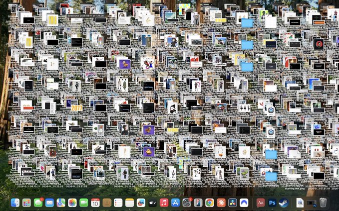 A computer desktop wallpaper covered with hundreds of small photo thumbnails and timestamps, with a dock of application icons along the bottom.