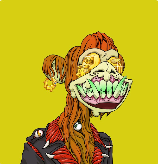 A stylized cartoon illustration of a monstrous clown with orange hair, a wide green-toothed grin, and golden eyes set against a bright yellow background.