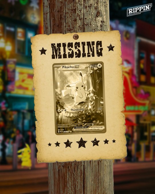 A "MISSING" poster displayed on a wooden post features a gold Pikachu ex Pokémon card (#200) with a Thunderbolt attack, alongside a "Rippin'" logo. The image ties to the post by teasing the final Instagram Live Pokémon card rip event on Courtyard.io before transitioning to a new show.