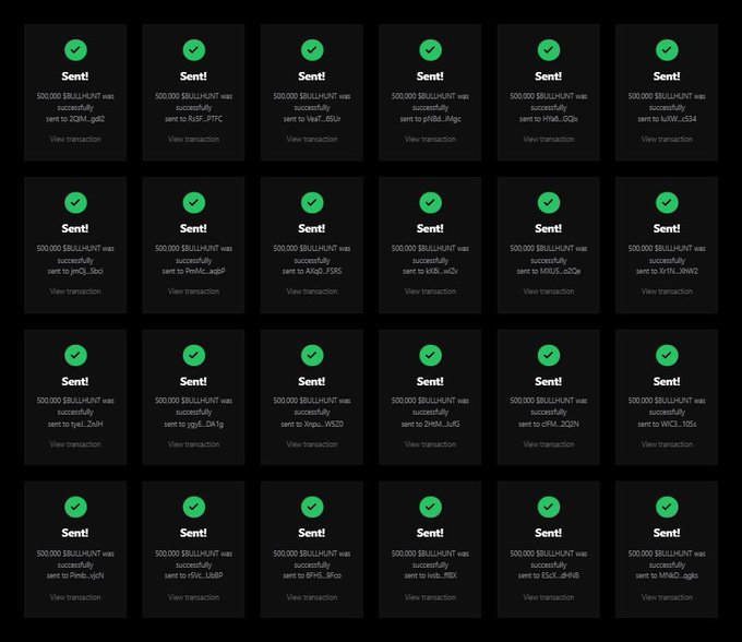 A grid of 24 successful cryptocurrency transactions is shown, each marked with a green checkmark and "Sent!" indicating 500,000 BRILLIANT (BRIL) was sent to various alphanumeric addresses.