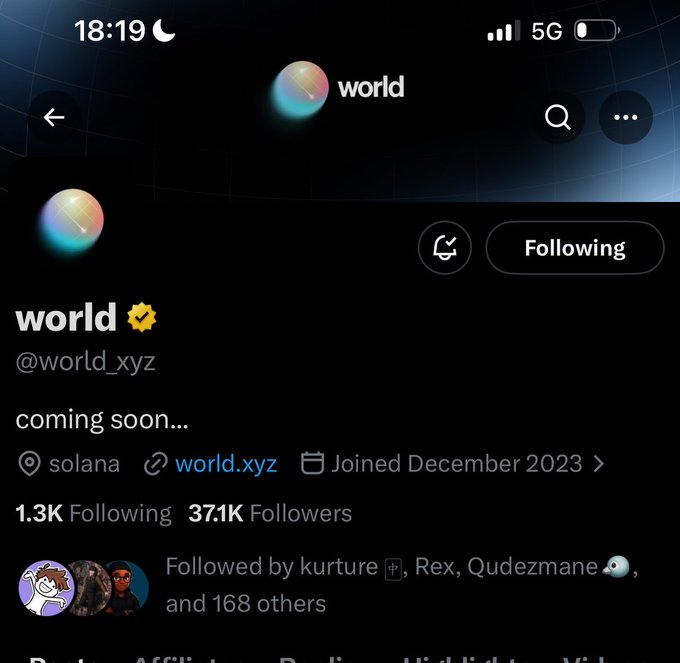 A screenshot of an X (Twitter) profile page for "world" (@world_xyz) showing a verified account with 371.1K followers, 1.3K following, joined December 2023, tagged with Solana and world.xyz, and a bio that simply reads "coming soon..."—aligning with the poster's curiosity about the hyped, Solana-backed project they just signed up for.