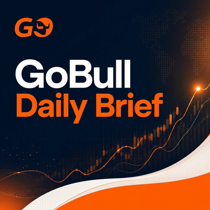 Branding graphic for 'GoBull Daily Brief' with an orange bull logo, featuring a candlestick chart and world map on a dark blue background.