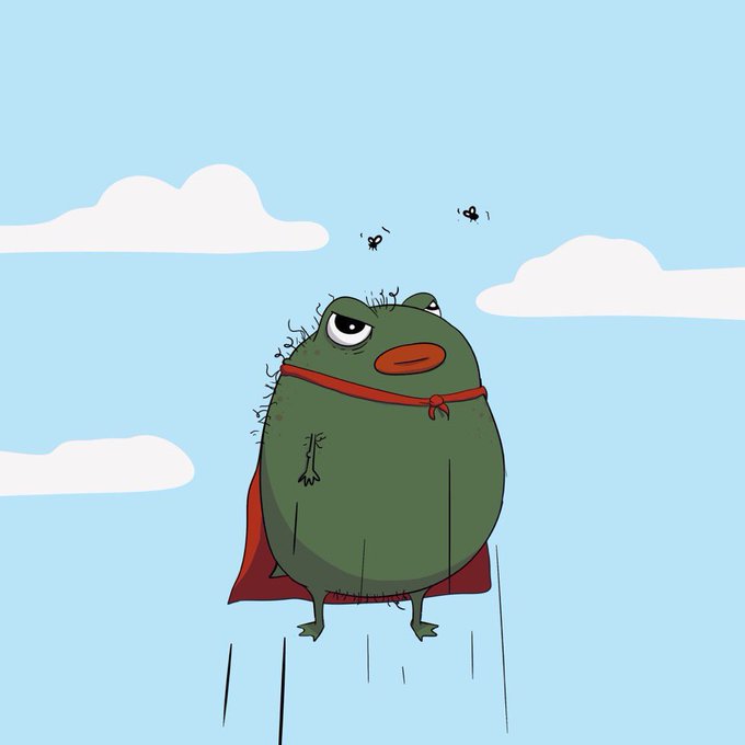 An illustration of a grumpy, green, frog-like superhero wearing a red cape and collar, floating in a blue sky with white clouds while flies buzz around its head.
