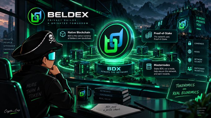 A promotional image for BELDEX (BDX) cryptocurrency featuring a hooded figure with 'MORE THAN A TOKEN' on their jacket, highlighting features like Native Blockchain, Proof-of-Stake, and Masternodes.