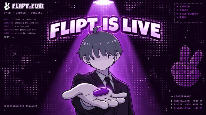 A promotional graphic for 'FLIPT.FUN' with 'FLIPT IS LIVE' text, showing an anime-style character holding a purple pill.
