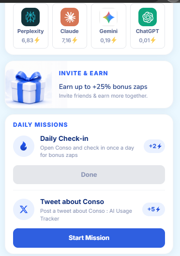 A mobile app interface displays AI services like Perplexity, Claude, Gemini, and ChatGPT, along with an "INVITE & EARN" section and "DAILY MISSIONS" for Conso.