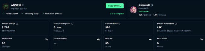 A trading dashboard for the token $ANSEM (The Black Bull Tw), showing a holding of $17.92 and 6 days of holding time, with a trade button.