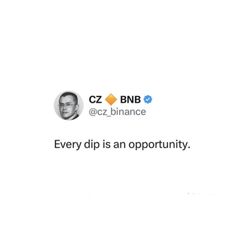A tweet from CZ (@cz_binance) reads "Every dip is an opportunity." alongside his verified profile and BNB ticker, suggesting that despite market downturns, the Binance founder views price drops as buying opportunities—hinting at bullish confidence in BNB's future.
