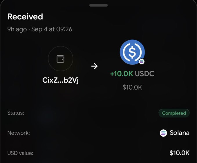 A mobile screenshot showing a completed cryptocurrency transaction of +10.0K USDC (USD value $10.0K) received on the Solana network 9 hours ago on Sep 4 at 09:26 from address CixZ...b2Vj.