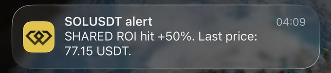 This is a SOLUSDT trading alert showing a SHARED ROI of +50% with a last price of 77.15 USDT, aligning with the post's celebratory tone about financial gains. The post likely refers to a 50% profit, implying the 400 "buckaroos" are a portion of those earnings.