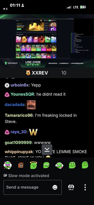 A mobile screen showing a Gomdom livestream with "STEVE" promo and a code "XXREV," along with a chat including comments from "urboin6x: Yеpp," "YounesSQR: he didnt read it," "dacadada," and others.