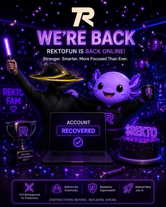 A purple-themed promotional poster announcing 'WE'RE BACK' with 'REKTOFUN IS BACK ONLINE! Stronger. Smarter. More Focused Than Ever,' featuring a masked figure, a purple axolotl mascot, and a laptop displaying 'ACCOUNT RECOVERED.'
