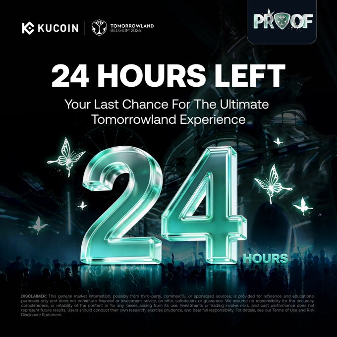 The image features a poster for KuCoin's Tomorrowland Edition event that has just ended. The poster displays 24 hours left, with a large number "24" written in green letters at the top of the poster. Below this, there are two smaller numbers "22" and "4", indicating the remaining time. The background of the poster is black, which contrasts with the white text on it. The image also includes a small illustration of butterflies flying around the number "24". The post encourages users to claim their rewards from the prize pool by entering an entry code or filling out a form provided in the image.