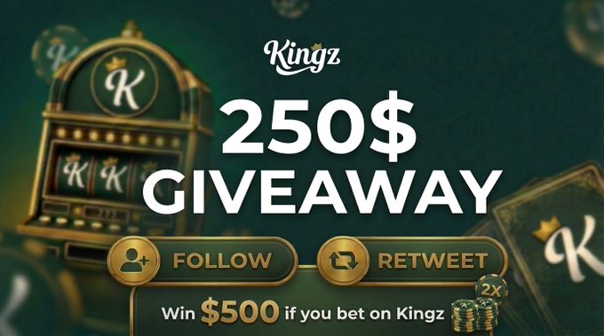 The image is a promotional banner for a "$250 GIVEAWAY" by Kingz casino, featuring their logo, a slot machine graphic, and chips, with instructions to "FOLLOW" and "RETWEET" to enter and a note that users can "Win $500 if you bet on Kingz." It directly advertises the Winify X Kingz Community Giveaway described in the post, encouraging followers and retweeters to participate for a chance to win cash prizes.