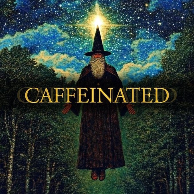 A wizard with a long beard and pointed hat stands beneath a glowing star, with the golden word "CAFFEINATED" displayed across his robes.
