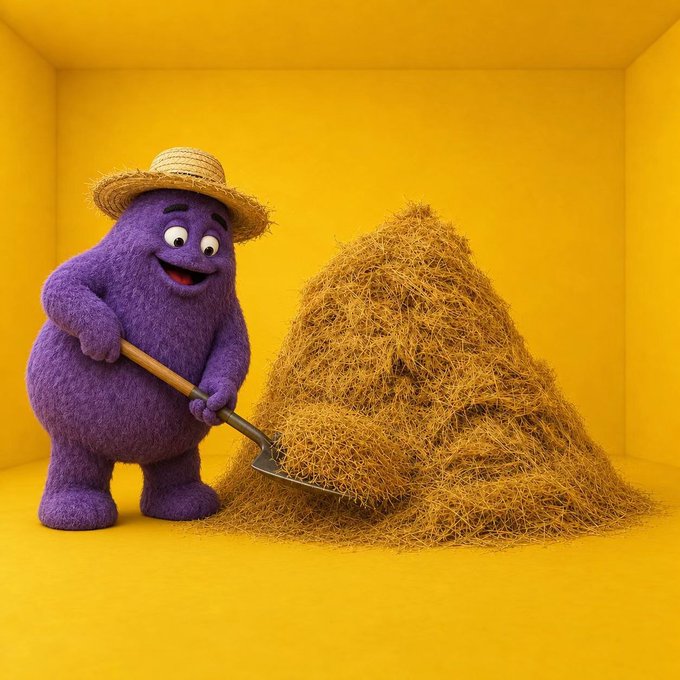 The image features a purple plush toy with a straw hat standing next to a large pile of hay or straw. The toy appears to be working on the hay, possibly using its arms to push it around. In the background, there are two Twitter handles visible - one for "Grimace" and another for "Global Official". This image seems to be promoting a social media account related to farming or agriculture, as suggested by the post caption provided.