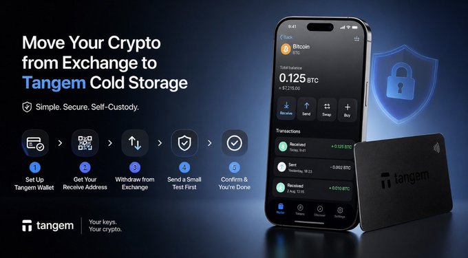 Tangem advertisement reading 'Move Your Crypto from Exchange to Tangem Cold Storage' with a 5-step process: Set Up Tangem Wallet, Get Your Receive Address, Withdraw from Exchange, Send a Small Test First, Confirm & You're Done, alongside a phone showing 0.125 BTC balance and a Tangem hardware wallet.