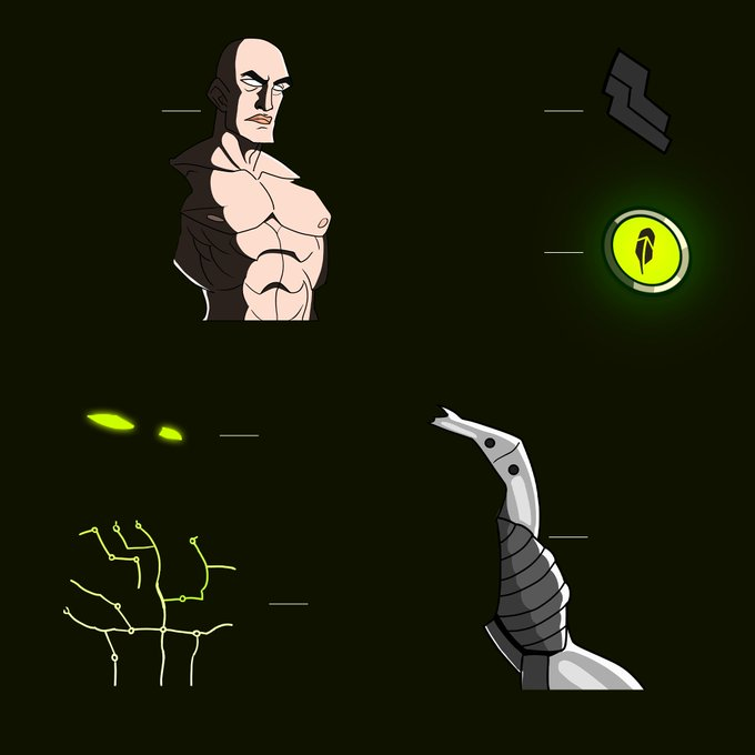Four separate cartoon-style character design illustrations on a dark background, including a muscular bald man, a robotic arm, a green glowing eye, and a network of glowing lines.