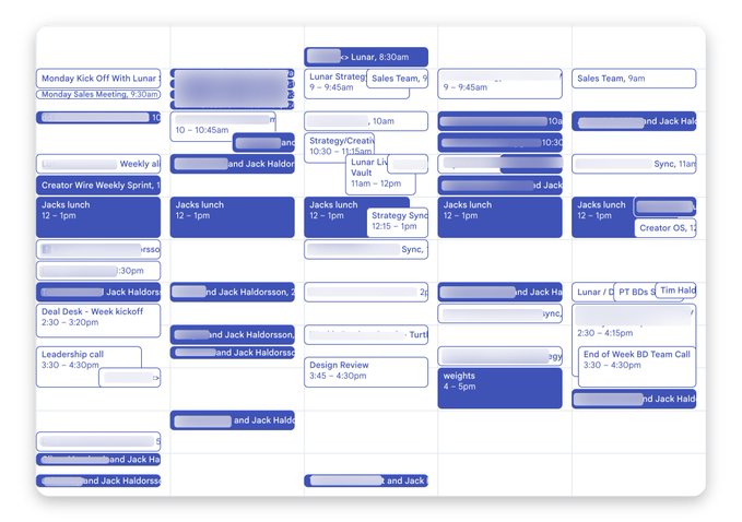 A densely packed digital calendar showing multiple people's schedules, with events like 'Jack's lunch', 'Lunar Sync', 'Strategy Sync', and various 'Jack Haldorsson' meetings.