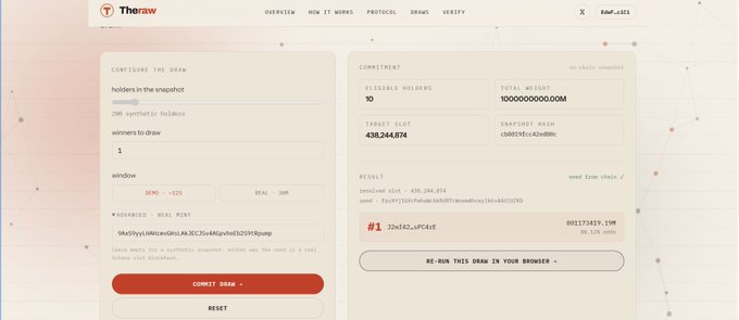 A website screenshot for 'Theraw' displays a competition configuration page for 'holders in the snapshot' with 20K synthetic holders, showing a commitment of 90 eligible holders, a total deposit of 1,000,000,000.00M, a target slot of 431,244,874, and a result of #1 winning.