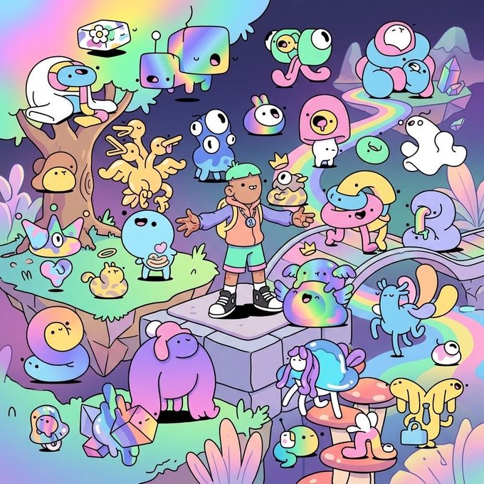 A colorful, whimsical illustration featuring a central character surrounded by various cute, pastel-colored creatures and a rainbow landscape.