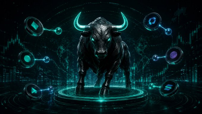 A dark, cyberpunk-style digital artwork featuring a black bull with glowing cyan horns standing on a glowing circular platform, surrounded by floating cryptocurrency icons and holographic financial charts.