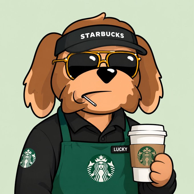 A cartoon illustration of a dog wearing sunglasses, a cigarette, and a green Starbucks apron with the name 'LUCKY,' holding a Starbucks coffee cup.