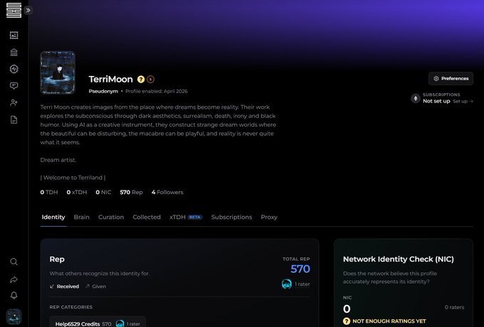 A profile page for an AI artist named 'TerriMoon' on the xTIDL platform, describing their work as exploring 'dark aesthetics, surrealism, death, irony and black humor.'
