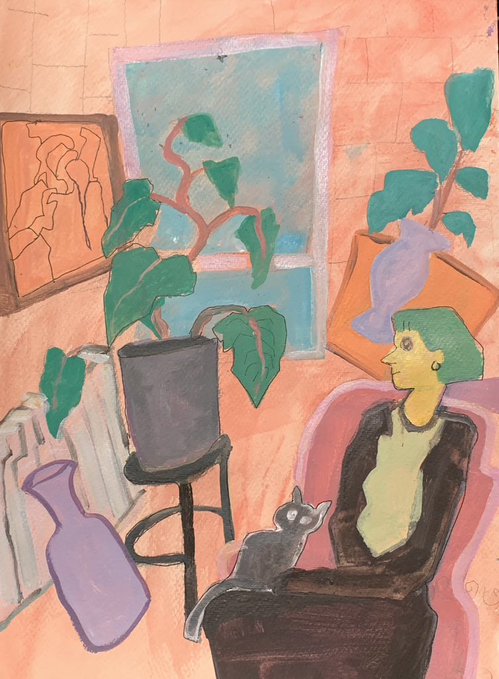 A colorful illustration depicting a woman with green hair sitting in a chair with a small black cat, surrounded by houseplants, a purple vase, a gray radiator, and framed pictures against a peach-colored wall.