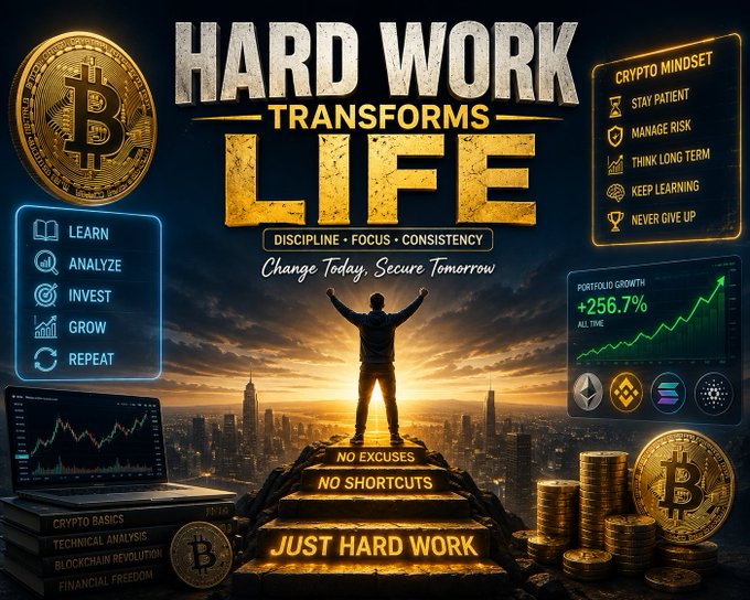 A motivational crypto-themed graphic reading 'HARD WORK TRANSFORMS LIFE' featuring Bitcoin imagery, a figure standing on 'JUST HARD WORK' steps, and a portfolio growth of +256.7%.
