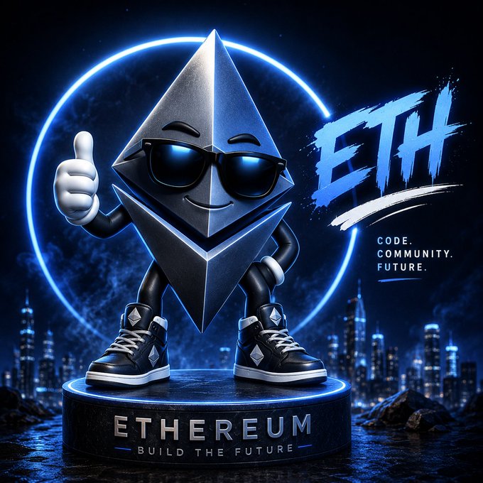 A stylized 3D illustration of the Ethereum (ETH) logo mascot wearing sunglasses and sneakers, giving a thumbs-up, with the text 'CODE. COMMUNITY. FUTURE.' and 'ETHEREUM BUILD THE FUTURE' displayed.