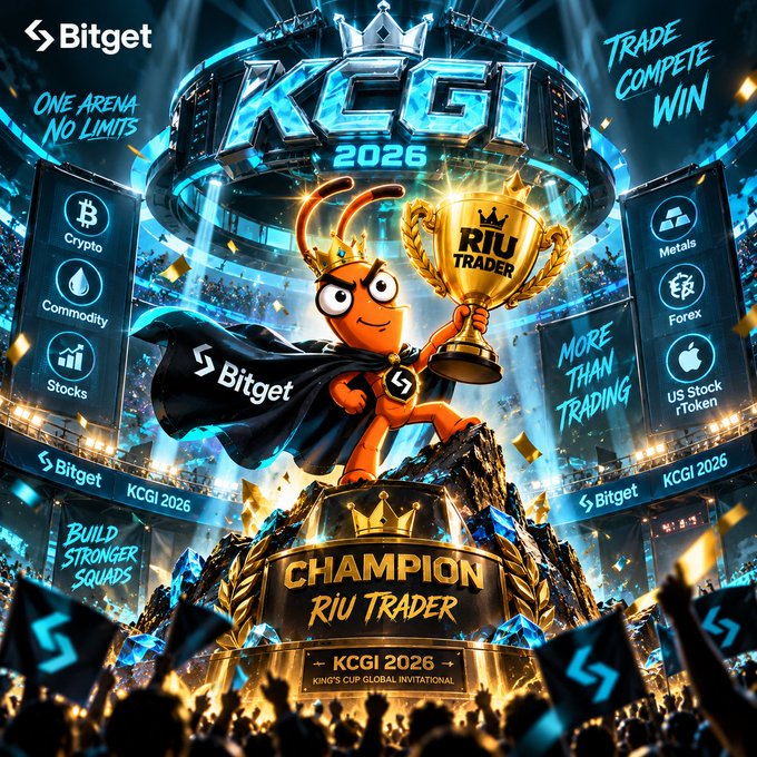 Bitget promotional poster for KCGI 2026 (King's Cup Global Invitational), featuring a crowned orange mascot holding a 'RIU TRADER' trophy in an arena setting.