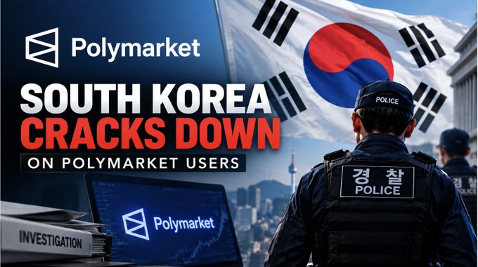 A news graphic headlined 'SOUTH KOREA CRACKS DOWN ON POLYMARKET USERS' shows a South Korean police officer with the Korean flag in the background, alongside a laptop displaying the Polymarket logo and a folder labeled 'INVESTIGATION'.