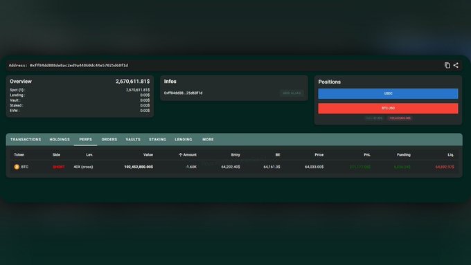 A similar cryptocurrency portfolio dashboard for wallet address 0xff84dd888de8ac2ed9a44860dc44e57025d68f1d showing $2,670,611.81 in spot value and a BTC SHORT position at 40X leverage with entry price $64,151.35, showing a PnL of $11,729.96.