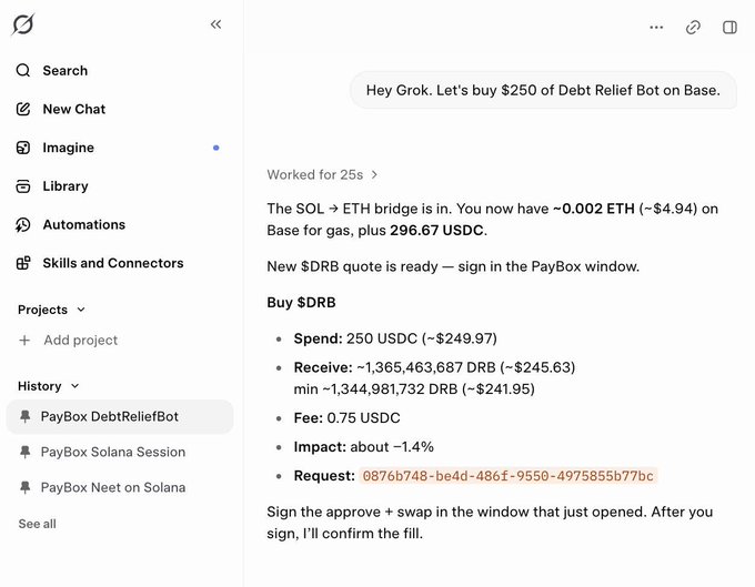 The image shows a Grok AI chat interface where a user instructed "Hey Grok. Let's buy $250 of Debt Relief Bot on Base," and Grok responded with a detailed transaction quote showing 250 USDC spent to receive ~1,365,463,687 DRB tokens, a 0.75 USDC fee, and a request ID, directing the user to sign the transaction in a PayBox window. This illustrates the post's claim of a historic first in AI DeFi, where Grok autonomously executed a token purchase on Base using PayBox mode.