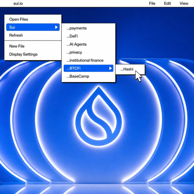 A digital interface with a blue swirling background displays a dropdown menu navigation system, showing options like 'sui.io', 'Sui', 'BTCFi', and '...Hashi' being selected by a cursor.