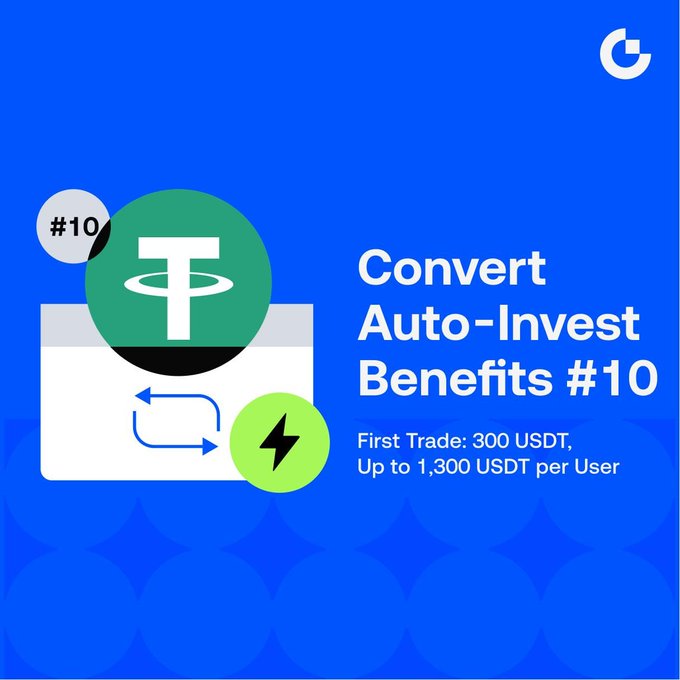A blue promotional graphic for Convert Auto-Invest Benefits #10 advertising 'First Trade: 300 USDT, Up to 1,300 USDT per User' with Tether (USDT) and lightning bolt icons.