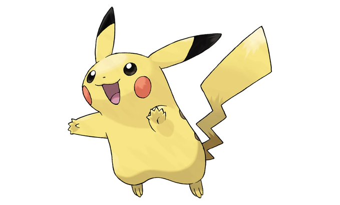An illustration of Pikachu, the yellow Pokémon character, standing with its arms outstretched, mouth open in a happy expression, and its signature lightning-bolt tail visible behind it.