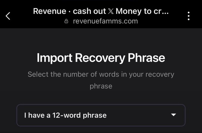A screenshot from revenuefamms.com displays an "Import Recovery Phrase" page with a dropdown menu set to "I have a 12-word phrase." The image illustrates the post's warning about crypto users recklessly importing their wallets despite clear red flags, highlighting the FOMO-driven decision to enter seed phrases online.