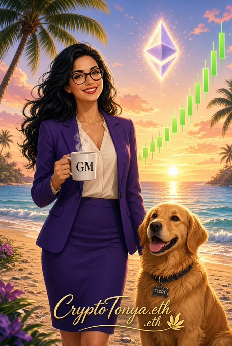 An illustrated promotional image showing a smiling woman in a purple suit holding a 'GM' coffee mug, alongside a golden retriever wearing a 'TEDDY' collar tag, with 'CryptoTonya.eth' text and an Ethereum logo over a beach sunset with green candlestick charts.