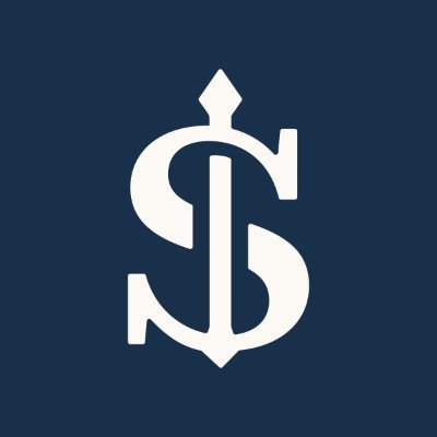 A navy blue background with a white stylized interlocking monogram featuring the letters S and D topped with a small diamond or spade-like ornament.