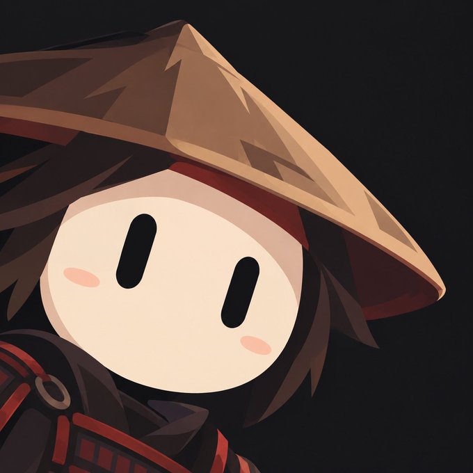 Digital illustration of a stylized cartoon character wearing a straw hat and traditional red and black outfit against a dark background.