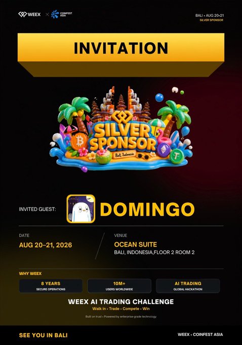 An 'INVITATION' to a WEEX AI Trading Challenge as a 'SILVER SPONSOR' for guest 'DOMINGO' on AUG 20-21, 2026, at Ocean Suite in Bali, Indonesia.
