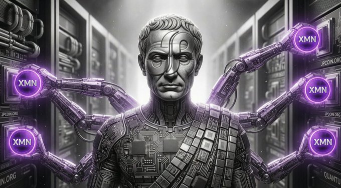 A stylized statue of a Roman figure is surrounded by robotic arms labeled 'XMN' with glowing purple orbs, set in a server room environment with 'QUANTUM.ORG' visible on equipment.