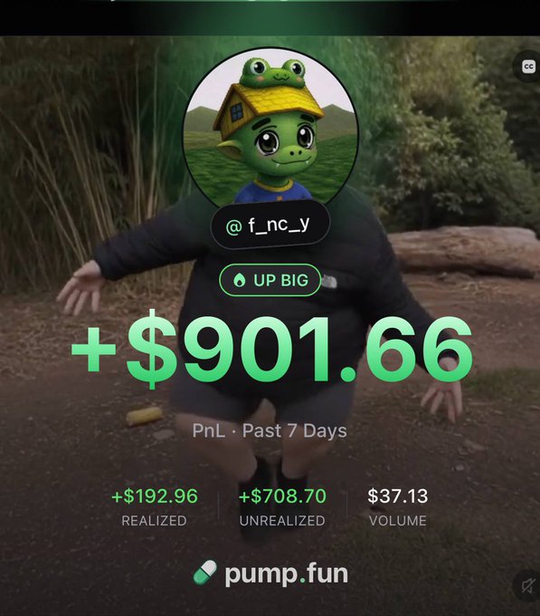 The image shows a Pump.fun profile card for user @f_nc_y featuring a frog character avatar, displaying a 7-day PnL of +$901.66 ($192.96 realized and $708.70 unrealized) with $37.13 in trading volume, backing the poster's endorsement of Pump.fun as their preferred trading platform.