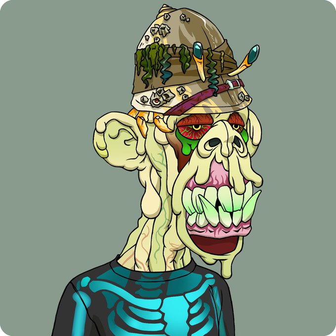 A surreal illustration of a monstrous humanoid figure with a bucket-shaped helmet adorned with spikes and moss, featuring an elongated face with sharp teeth and green drool.