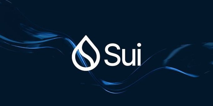 The Sui cryptocurrency logo, featuring a white water drop emblem and the word 'Sui' against a dark blue background with flowing wave designs.