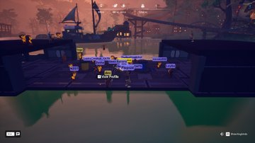A video game scene with multiple cartoon characters on a platform in a dimly lit industrial environment, with chat icons and menu buttons visible.