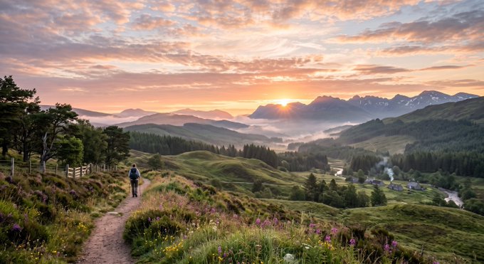 A stunning landscape photograph of a person hiking on a dirt trail through a lush green meadow with wildflowers at sunset, overlooking rolling hills, distant mountains, and a valley with small villages below