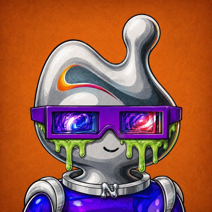 A cartoon-style gray blob character wearing purple cosmic-lens sunglasses with green slime dripping down, set against an orange background, likely an honorary PFP (profile picture) NFT gifted to the user by @deepxhl from the @0xNTRPY community.
